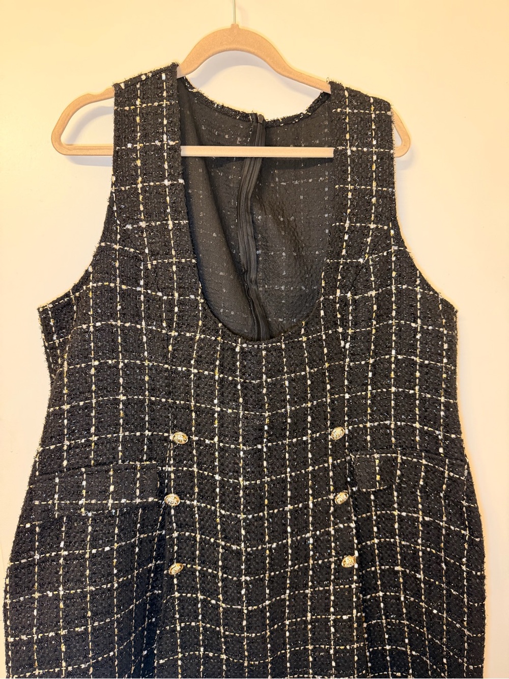 SHEIN Black Tweed Plaid Mini Dress with Gold Buttons